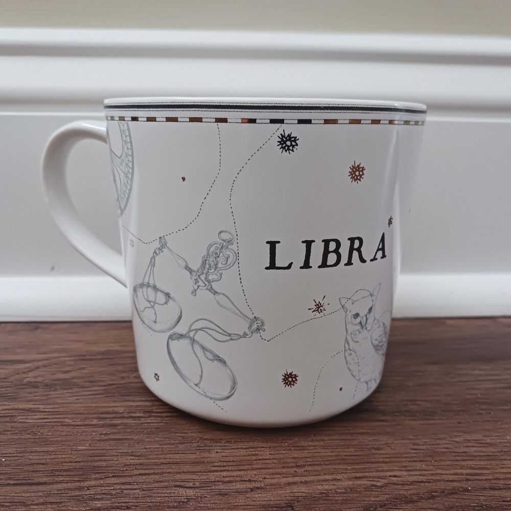 Williams Sonoma Libra Zodiac Coffee Mug White Gold Astrology Scales Owl Cup